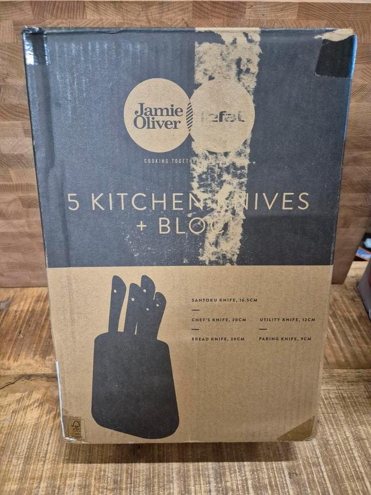 Tefal Jamie Oliver Messenset incl. messenblok - als nieuw, Huis en Inrichting, Keuken | Bestek, Zo goed als nieuw, Bestekset, Rvs of Chroom