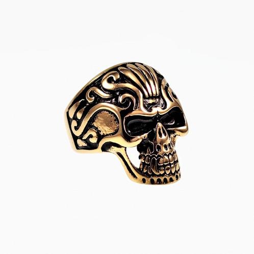 Goudkleurige Roestvrij Stalen Schedelring - RVS Ring Heren, Sieraden, Tassen en Uiterlijk, Ringen, Nieuw, Heer, 20 of groter, Goud
