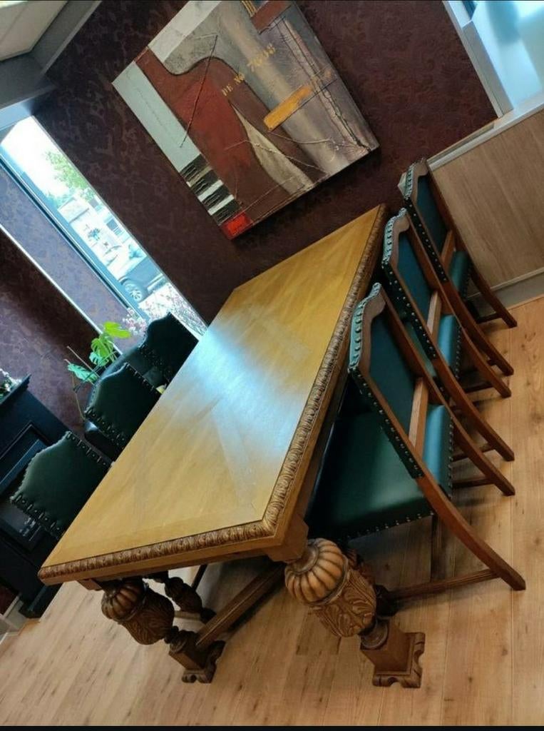 Eiken houten Draw Leaf refectory tafel met 6 stoelen, Ophalen