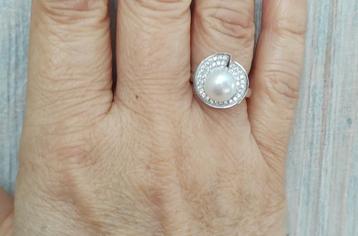 	 zilveren ring met natuurlijke Parel, Zirconia zilver 925