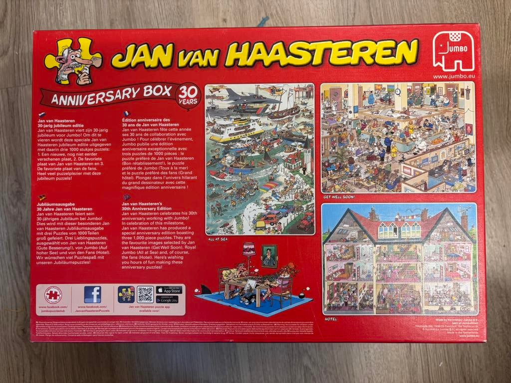 Jan van Haasteren anniversery box. 3 puzzels van 1000 st., Ophalen, 500 t/m 1500 stukjes, Zo goed als nieuw, Puzzelboek