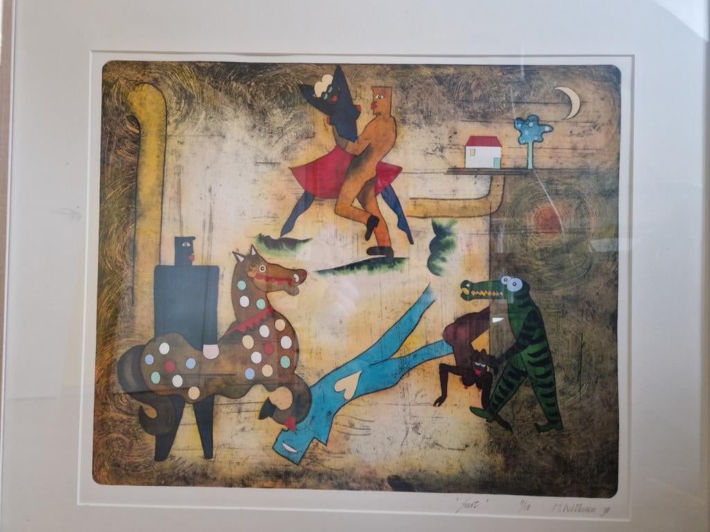 H. Witteveen - 'Feest' - Ingelijste Kleurenets, 1998, Ophalen of Verzenden