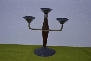 Vintage 3-armige kandelaar Scandinavisch, teakhout en chroom beschikbaar voor biedingen