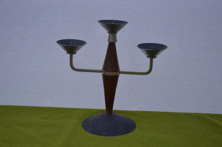 Vintage 3-armige kandelaar Scandinavisch, teakhout en chroom, Antiek en Kunst, Antiek | Kandelaars, Overige materialen, Ophalen of Verzenden
