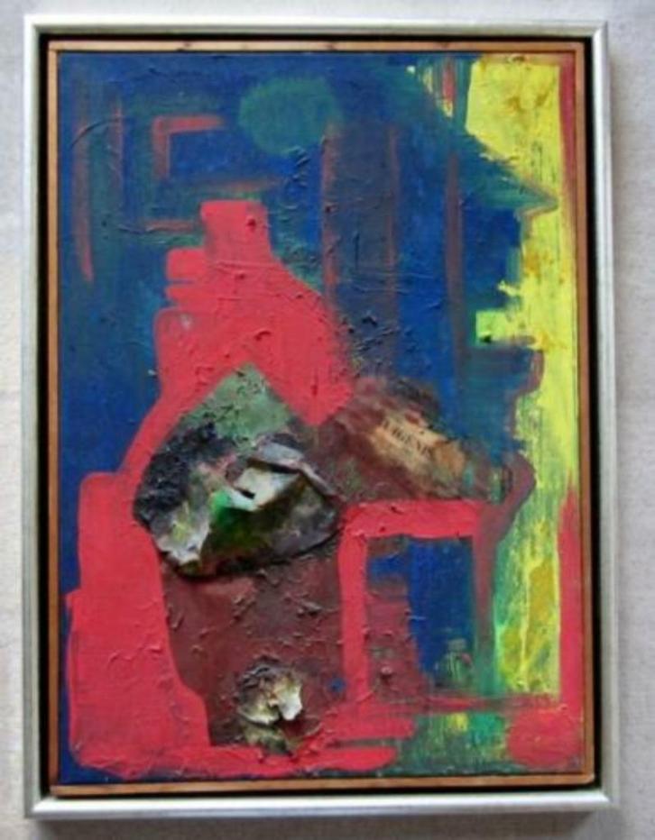 c a 1950===Grete Rikko 1908-1998===olieverf met collage==, Antiek en Kunst, Kunst | Schilderijen | Abstract, Ophalen