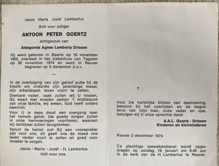 Antoon Peter Goertz 1902 Baarlo 1974 Tegelen x Drissen, Verzamelen, Bidprentjes en Rouwkaarten, Ophalen of Verzenden