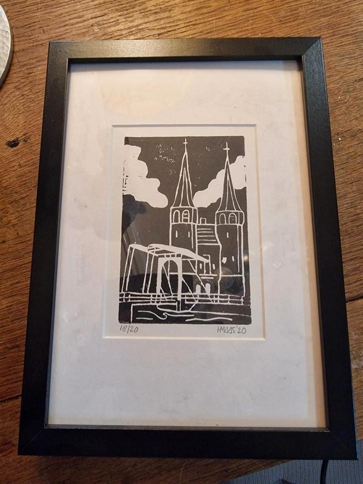 Oostpoort Delft - Gesigneerde Lino in Lijst, Antiek en Kunst, Kunst | Tekeningen en Foto's, Ophalen