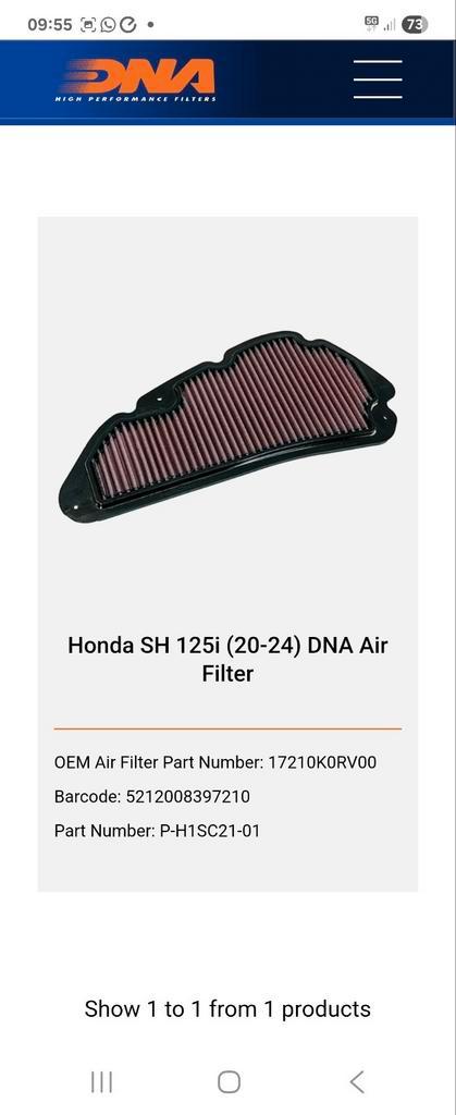 DNA luchtfilter SH125 SH150 sh ZGAN. sportluchtfilter K&N., Motoren, Onderdelen | Honda, Gebruikt, Ophalen of Verzenden