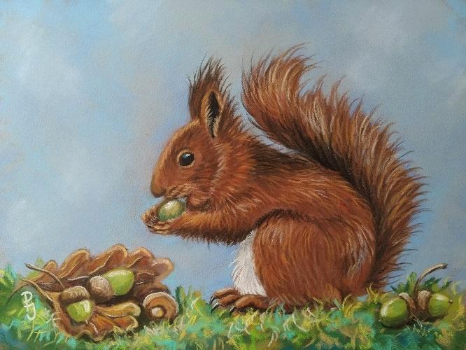 OPRUIMING Schilderij eekhoorn  met lijst - eigen werk - dier, Antiek en Kunst, Kunst | Tekeningen en Foto's, Ophalen of Verzenden