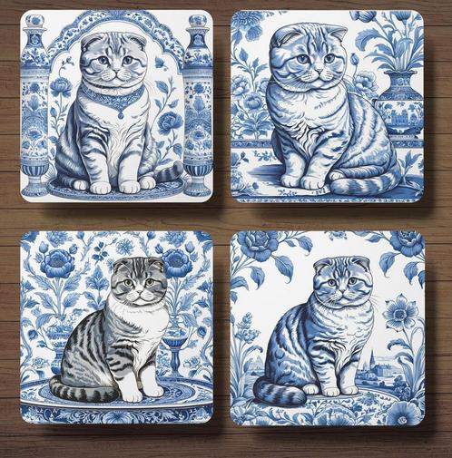 Scottish Fold Delfts Blauw onderzetters met houder, Huis en Inrichting, Woonaccessoires | Onderzetters, Nieuw, Glas of Kopje, Ophalen of Verzenden