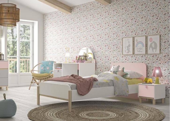 Lucia 1-persoonsbed wit/lichtroze, Kinderen en Baby's, Kinderkamer | Bedden