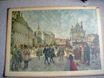 Antieke schoolplaat  De Dam te Amsterdam beschikbaar voor biedingen