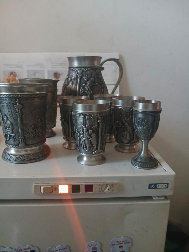 Tinnen kan en bekers set - 95% Rein Zinn Etain Pur, Antiek en Kunst, Antiek | Tin, Ophalen of Verzenden