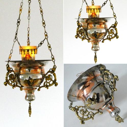 Verzilverde Godslamp verzilverd roodkoper met 3 engelen, Antiek en Kunst, Antiek | Religie, Ophalen of Verzenden