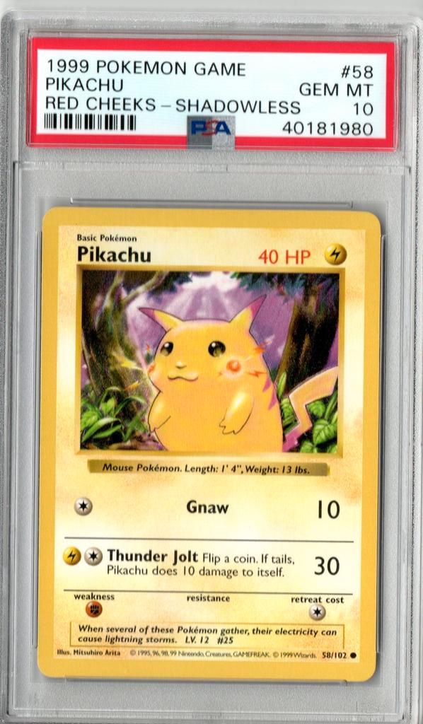 Red cheeks pikachu Shadowless Psa 10 Base set, Hobby en Vrije tijd, Verzamelkaartspellen | Pokémon, Zo goed als nieuw, Losse kaart