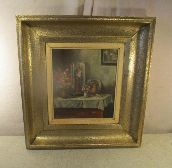 Mooi Oud Geschilderd Werk 'Bloemen en Beeld' - Van Genesen, Antiek en Kunst, Kunst | Schilderijen | Klassiek, Ophalen of Verzenden