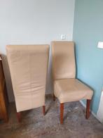 3 eetkamerstoelen, beige leer met kersenhout., Huis en Inrichting, Ophalen, Overige kleuren, Leer