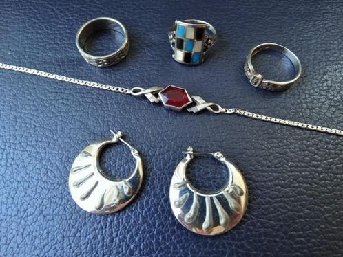 Art deco lot zilveren sieraden: 3 ringen, armband, oorbellen, Sieraden, Tassen en Uiterlijk, Antieke sieraden, Armband, Zilver