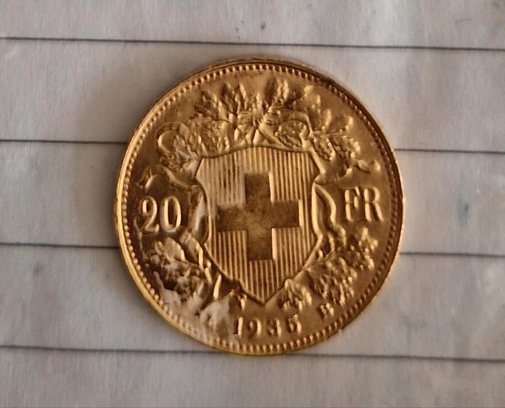 Gouden swiss 20 franc 1935, Postzegels en Munten, Munten | Europa | Niet-Euromunten, Losse munt, Overige landen, Goud, Ophalen of Verzenden