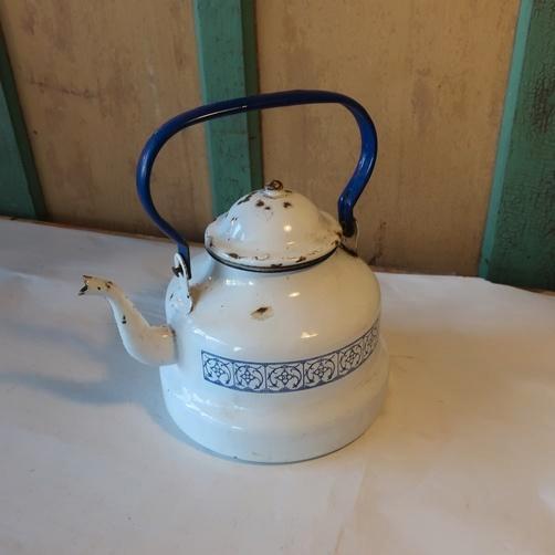 Waterketel emaille theepot wit blauw Ø 20 cm hoogte 27 cm, Antiek en Kunst, Antiek | Emaille, Ophalen of Verzenden