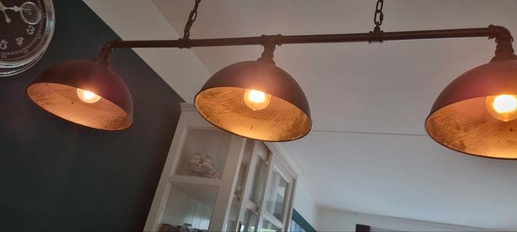 Industriële hanglamp met 3 lampen, Huis en Inrichting, Lampen | Hanglampen, Zo goed als nieuw, 50 tot 75 cm, Metaal, Ophalen