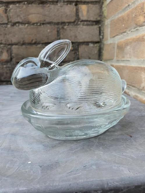 Vintage Liggend Haasje van Glas - Voorraadpot of botervloot, Antiek en Kunst, Antiek | Glas en Kristal, Ophalen of Verzenden