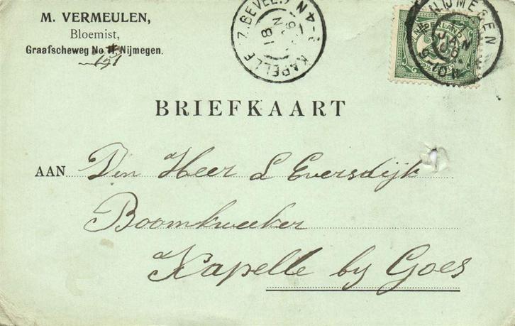 M. Vermeulen, Bloemist, Nijmegen - 01.1906 - briefkaart, Postzegels en Munten, Brieven en Enveloppen | Nederland, Envelop, Ophalen of Verzenden