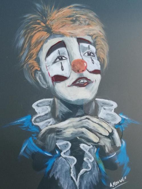 Clown. Portret Clown. Sign. Acryl/papier. 61/81 cm., Huis en Inrichting, Woonaccessoires | Schilderijen, Tekeningen en Foto's