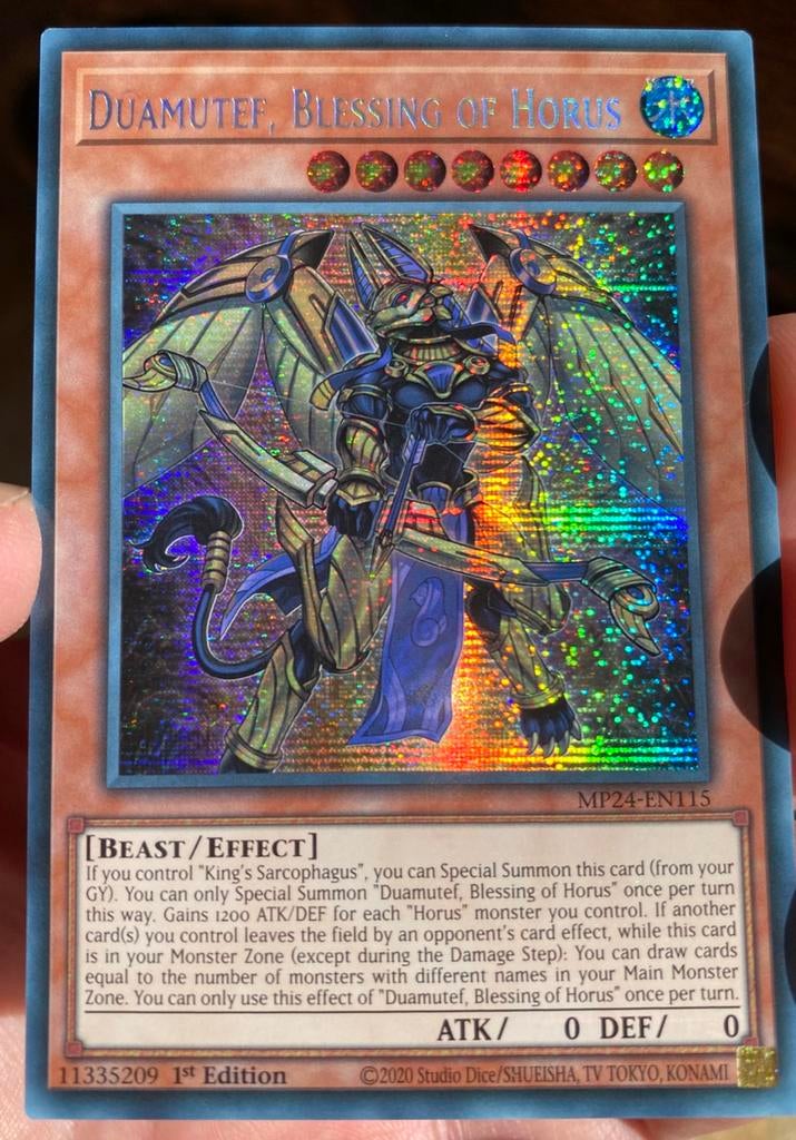 Yu-Gi-Oh! Duamutef, Blessing of Horus MP24 1st Edition !, Ophalen of Verzenden, Zo goed als nieuw, Losse kaart, Foil