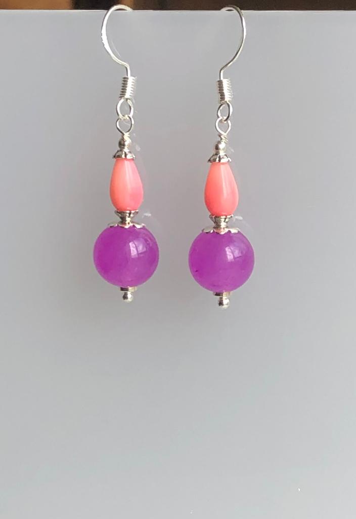 Mooie oorbellen met roze-paarse Jade en roze Koraal, Hangers, Verzenden, Nieuw, Roze