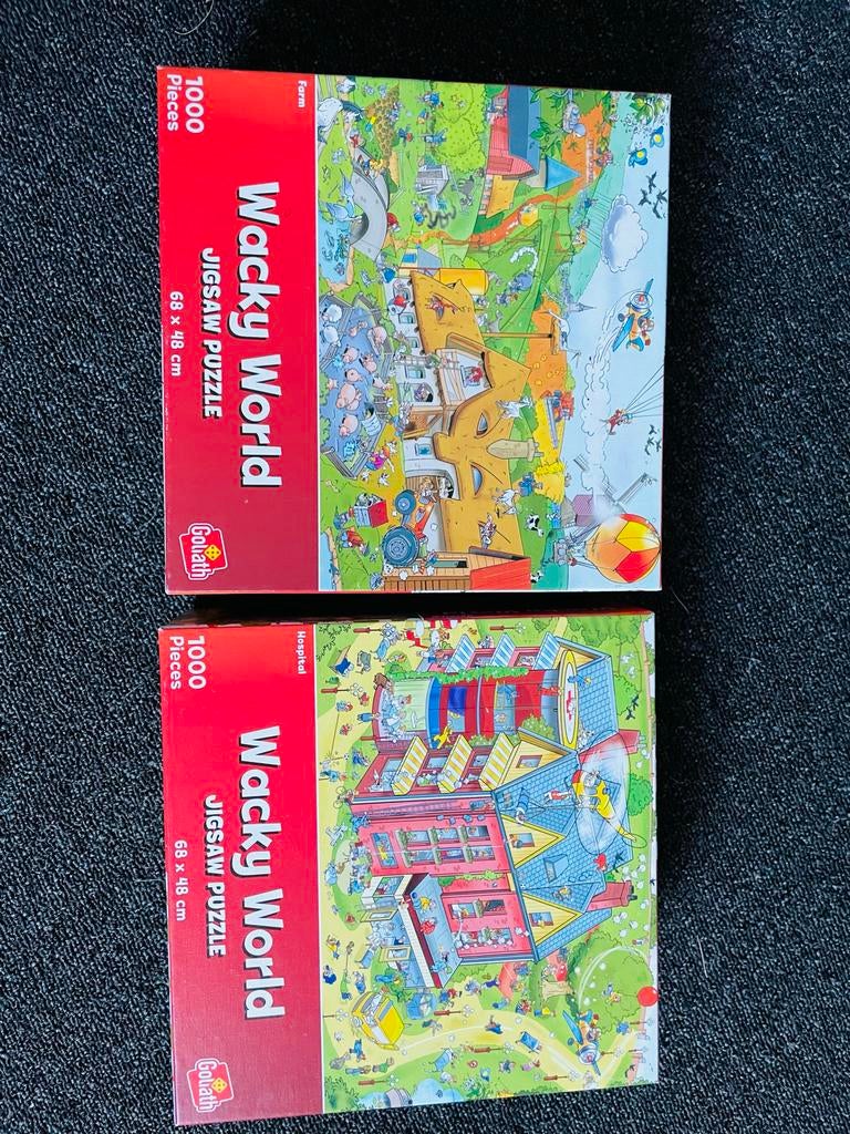 Wacky World Puzzels: Ziekenhuis & Boerderij (2x 1000 stukjes, Ophalen of Verzenden, 500 t/m 1500 stukjes, Gebruikt, Legpuzzel