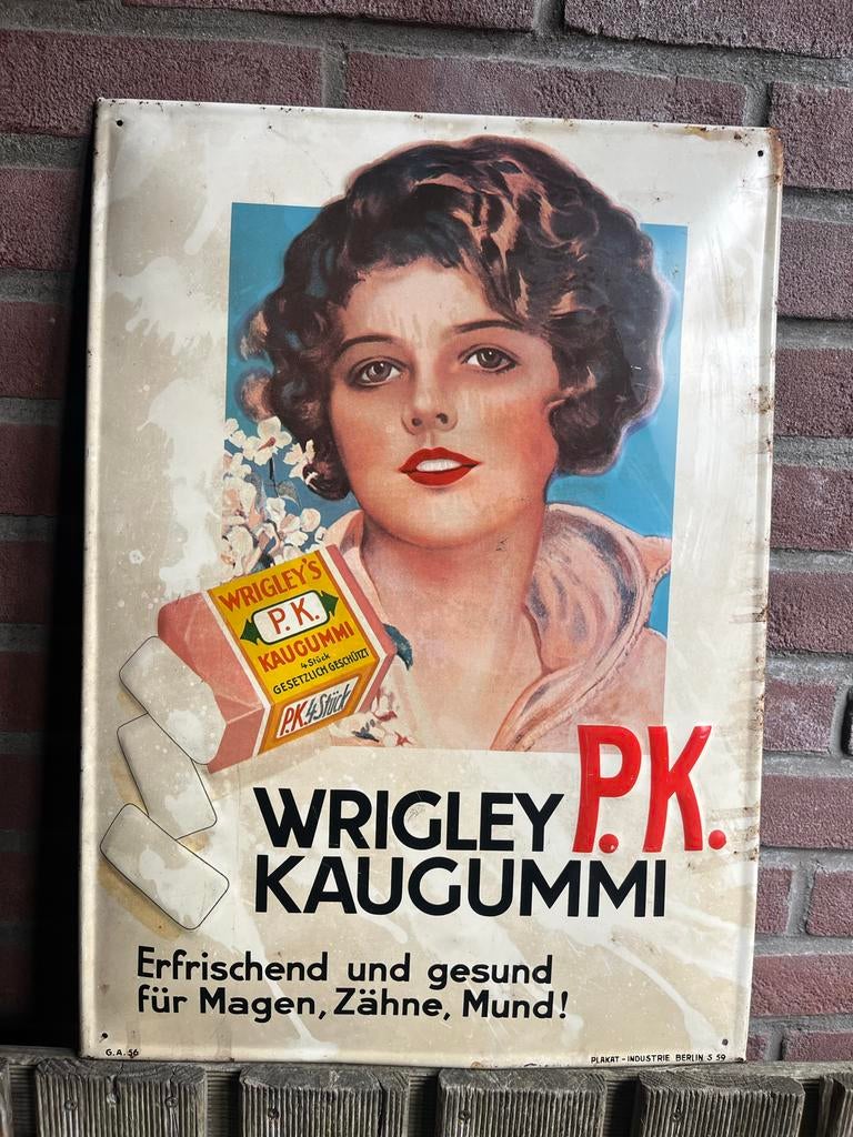 Vintage Wrigley's PK Kaugummi Reclamebord, Ophalen of Verzenden, Gebruikt, Reclamebord