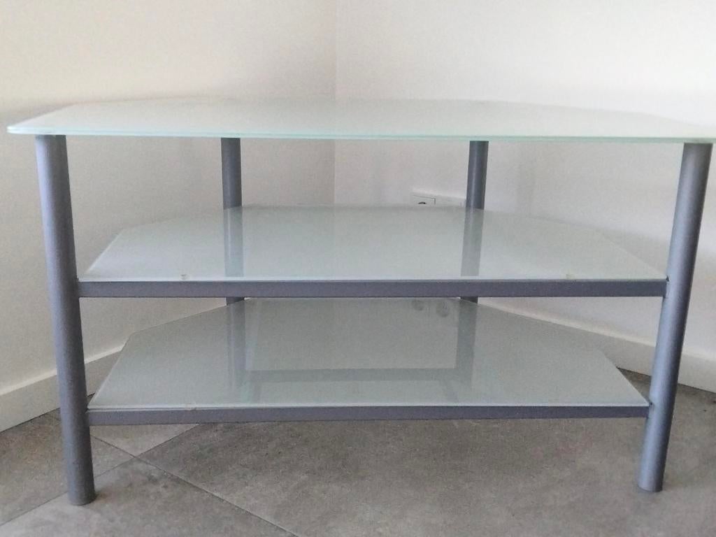 Glazen TV-meubel / Hoekmeubel met 3 niveaus, Huis en Inrichting, Kasten | Televisiemeubels, Gebruikt, Glas, Minder dan 100 cm