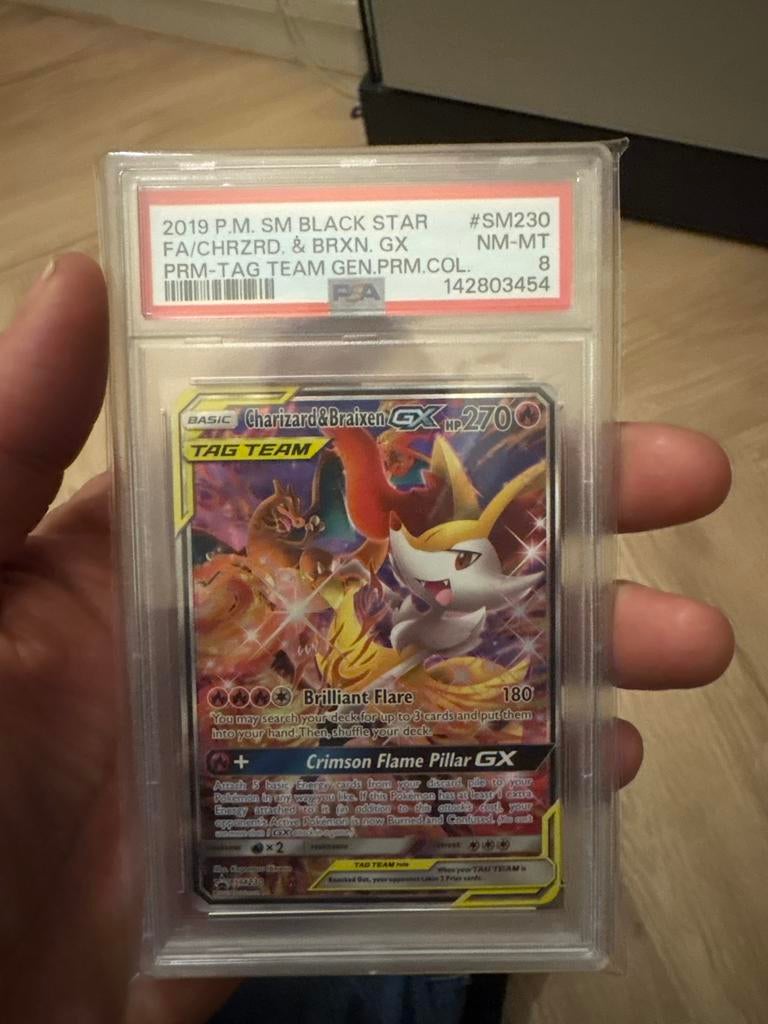 Pokémon Kaart Charizard & Braixen GX PSA 8 NM-MT, Ophalen of Verzenden, Zo goed als nieuw
