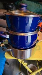Set van 3 kookpannen - blauw en RVS, Huis en Inrichting, Keuken | Potten en Pannen, Ophalen, Gebruikt, Rvs, Pannenset