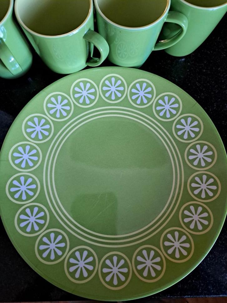 4-delig groen camping servies - borden, kommen, kopjes, Huis en Inrichting, Keuken | Servies, Gebruikt, Compleet servies, Effen