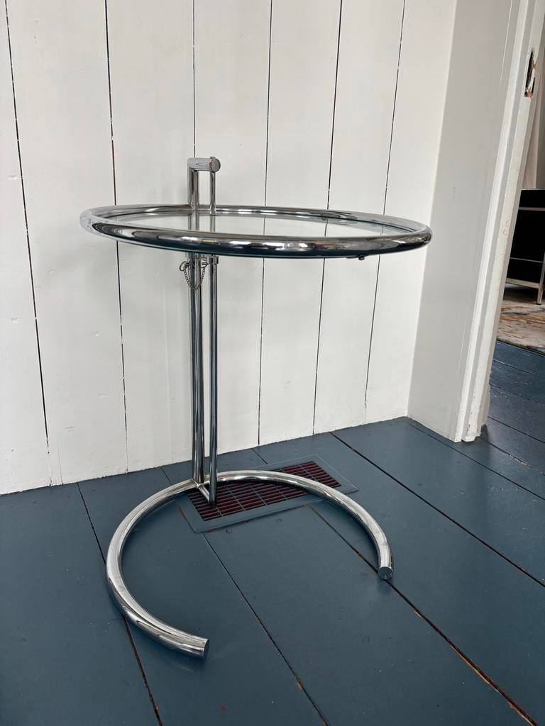 Bijzettafel Eileen Gray stijl - Verstelbaar glas/chroom, Ophalen, Minder dan 55 cm, Gebruikt, Rond