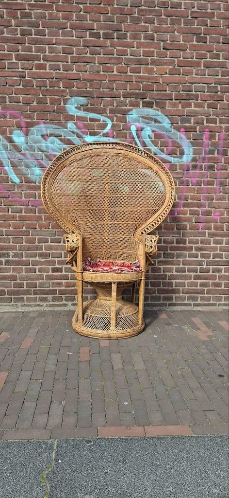 Vintage Rotan Pauwenstoel - Bohemian Stijl, Gebruikt, Bruin, Riet of Rotan, Ophalen of Verzenden