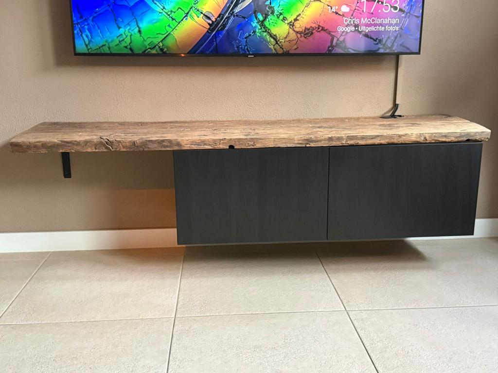 Uniek zelfgemaakt TV meubel van biels met zwevende kasten, Ophalen, 150 tot 200 cm, Nieuw, Minder dan 100 cm