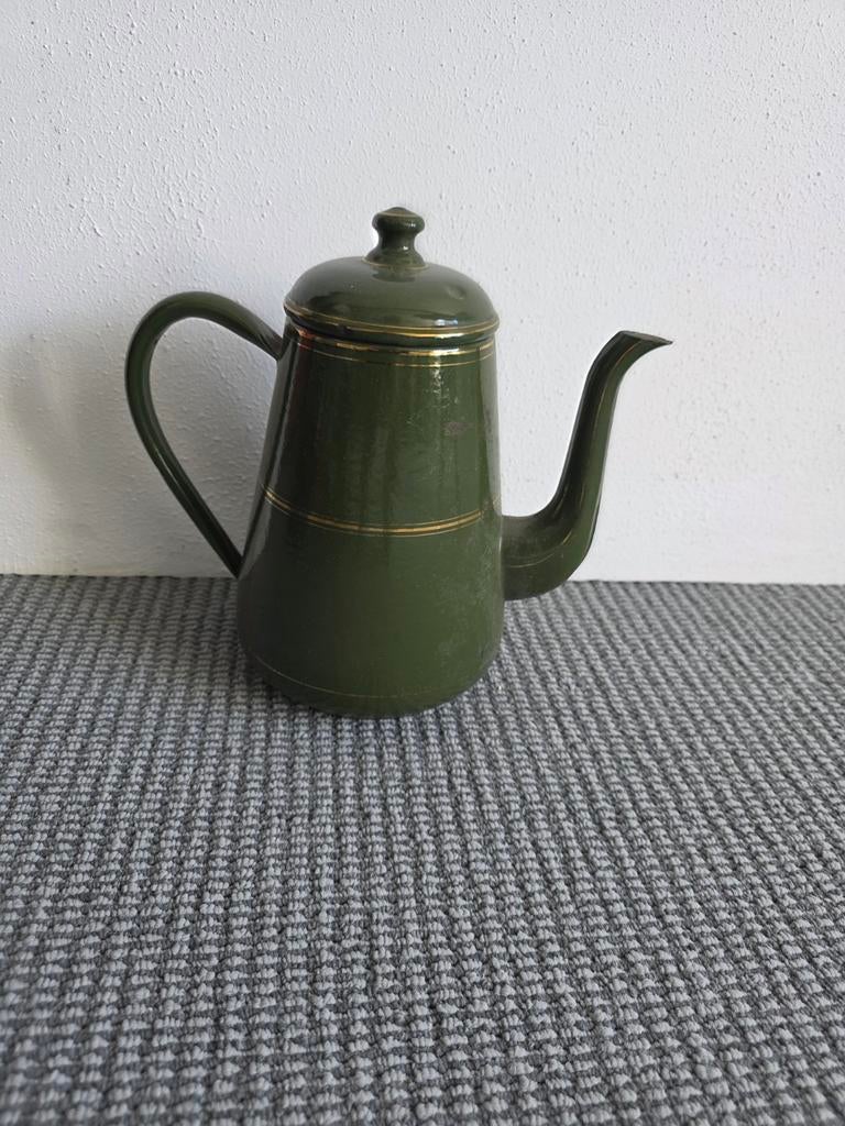 Vintage Groene Emaille Theepot met Gouden Details, Antiek en Kunst, Antiek | Emaille, Ophalen