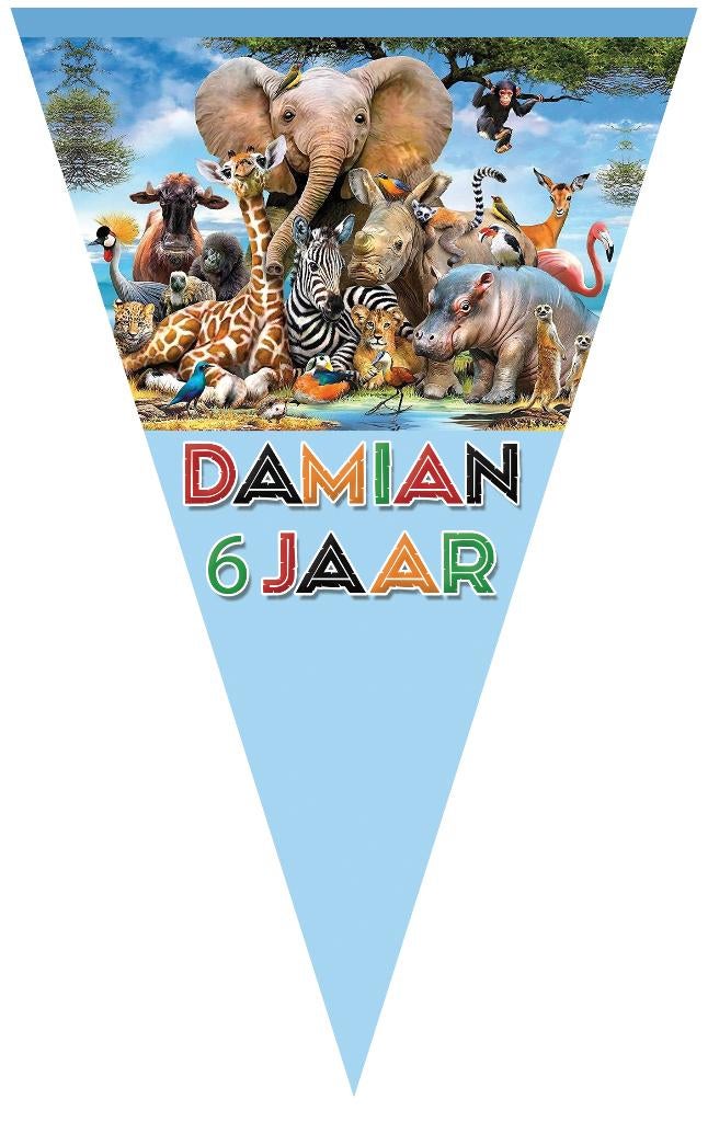 Safari - Jungle vlaggenlijn slinger + naam & foto kind - 6m, Ophalen of Verzenden, Nieuw, Versiering, Verjaardag