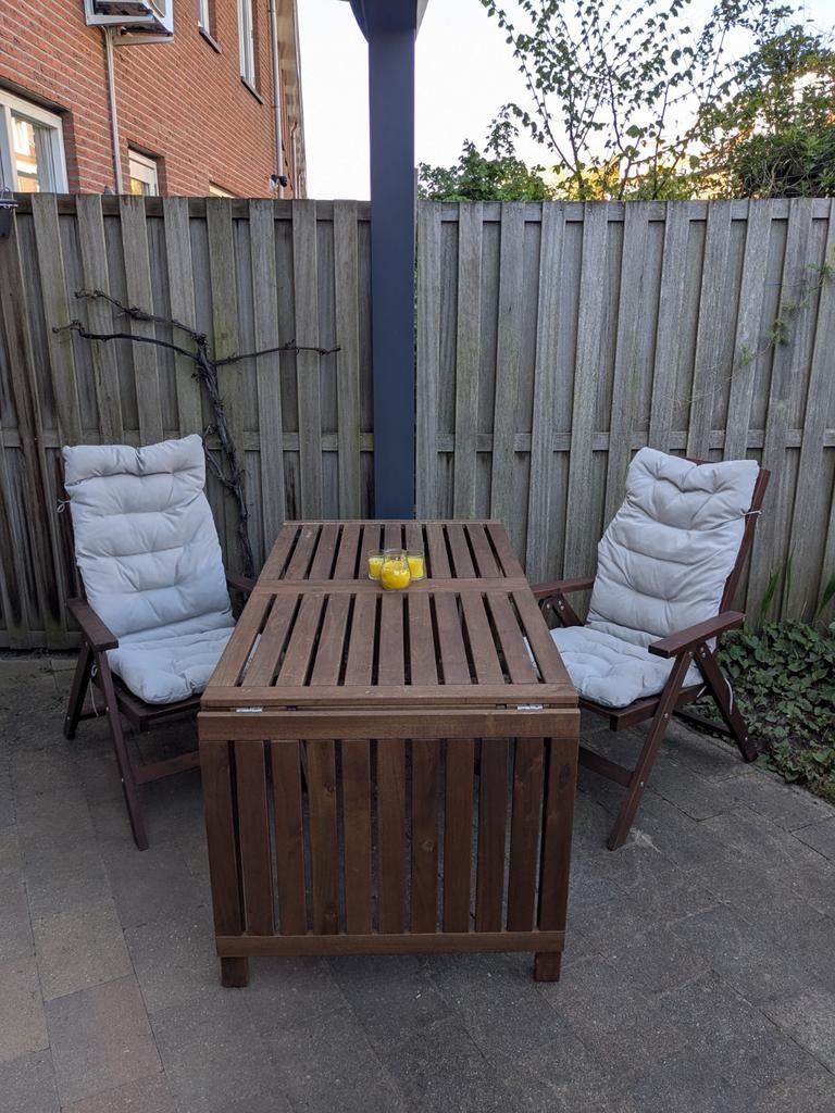 IKEA Houten tuintafel met 2 stoelen + bank, Tuin en Terras, Tuintafels, Ophalen, Gebruikt, Rechthoekig, Hout