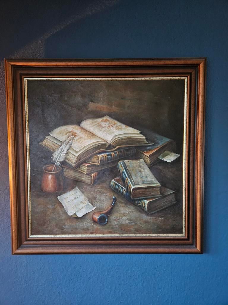 Olieverf Schilderij: Boeken, Veer en Pijp in Prachtige Lijst, Ophalen