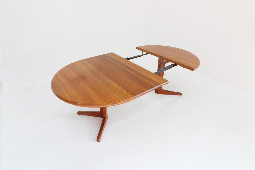 Vintage Deense ronde uitschuifbare eettafel tafel teak, Gebruikt, 100 tot 150 cm, Deens, 200 cm of meer