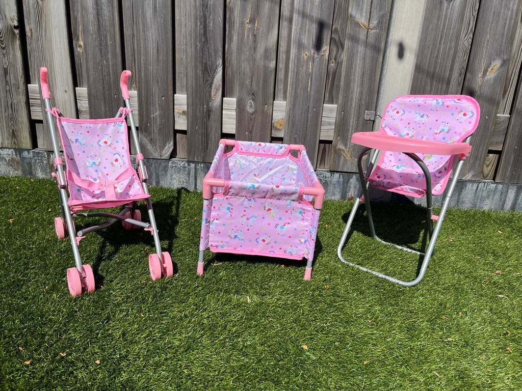 Poppenwagen, bed en stoel set - Eenhoorn design, Ophalen of Verzenden, Gebruikt, Babypop