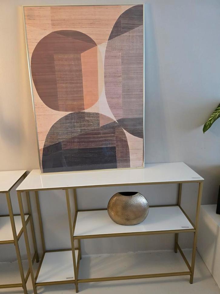 Twee sidetables wit met goud, Huis en Inrichting, Tafels | Sidetables, Gebruikt, 25 tot 50 cm, Rechthoekig, Glas, Ophalen of Verzenden