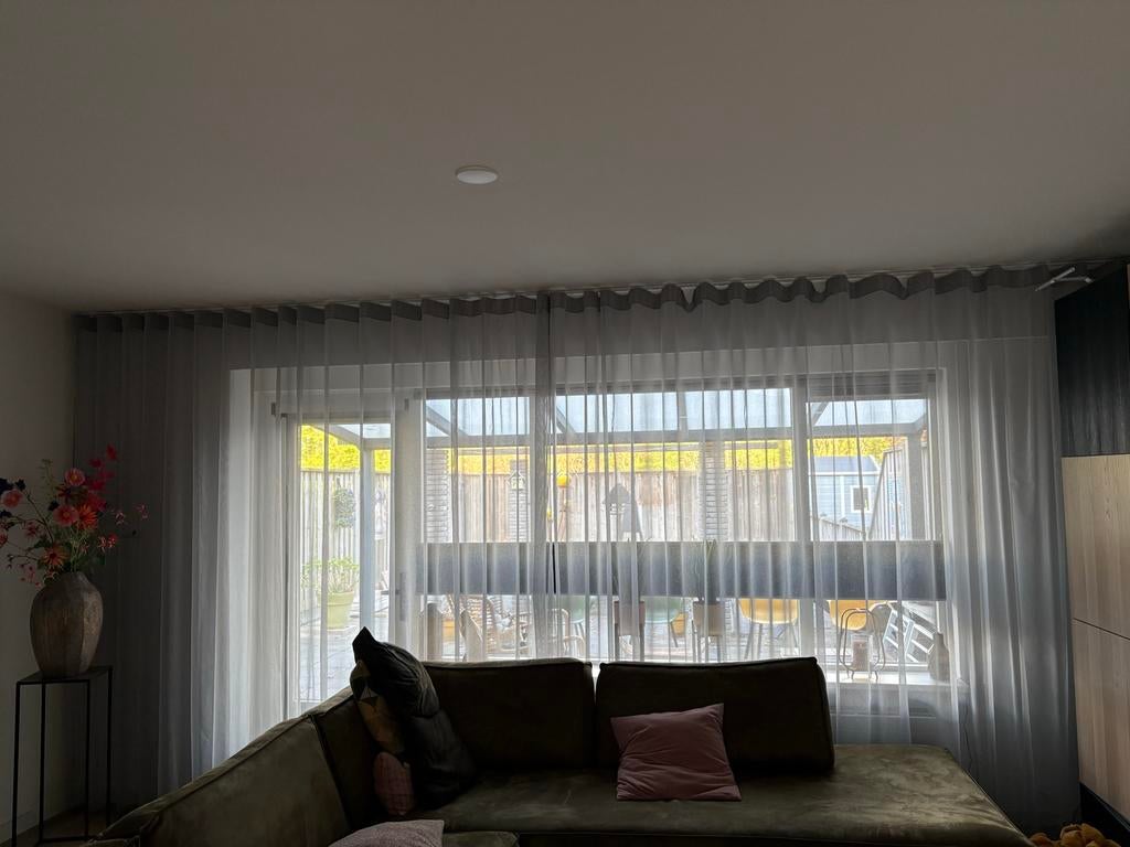 Voile grijze gordijnen met wave plooi en rail (510x250,6cm), Ophalen, Gebruikt, Grijs, 200 cm of meer