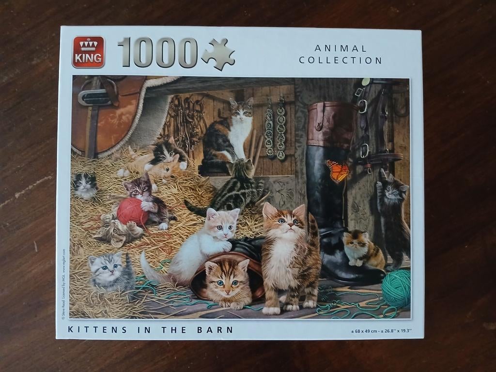 King Legpuzzel 1000 stukjes - Kittens in de schuur, Ophalen of Verzenden, 500 t/m 1500 stukjes, Gebruikt, Legpuzzel