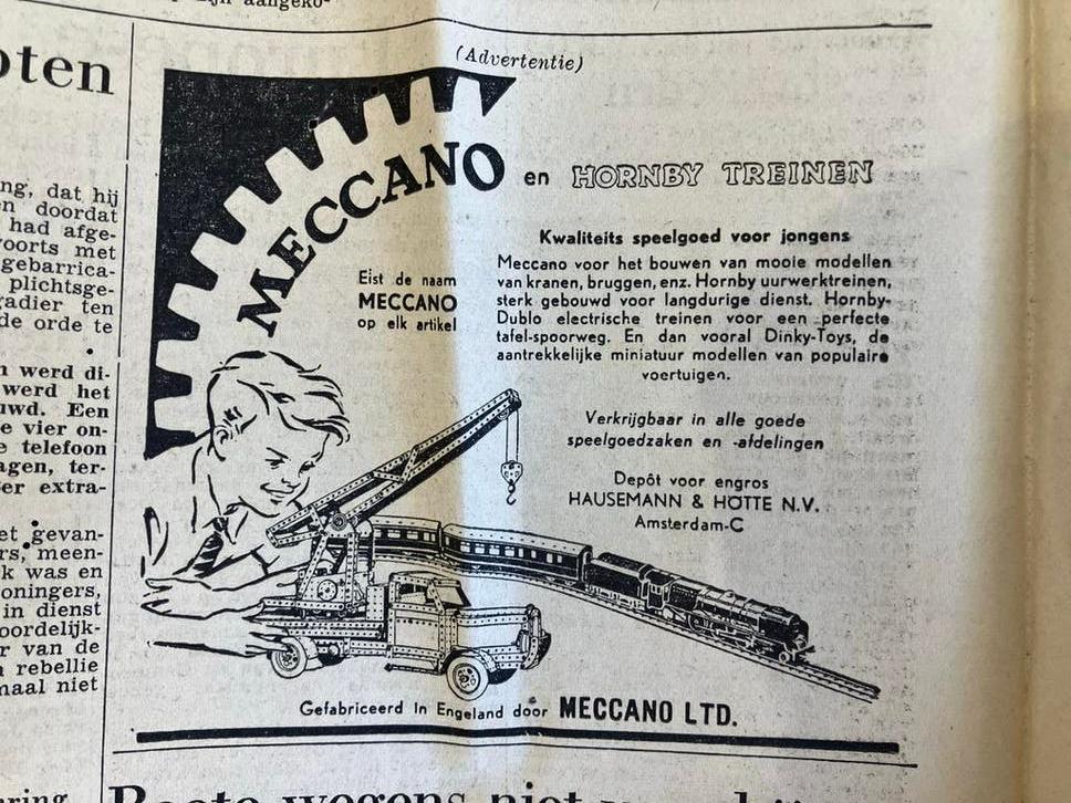 Zeldzame Meccano advertentie uit 1953 - Vintage Speelgoed, Overige merken, Gebruikt, Ophalen of Verzenden, Groter dan 1:32