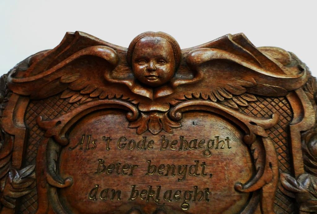 Groot houtgesneden gevel ornament engel spreuk Als 't Gode.., Antiek en Kunst, Ophalen of Verzenden